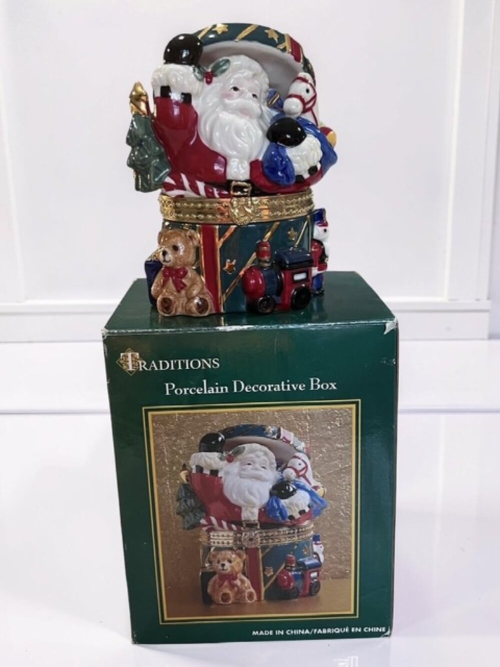 Traditional Large Porcelain Santa Trinket Box, Hinged Santa Box - 5.25" Tall